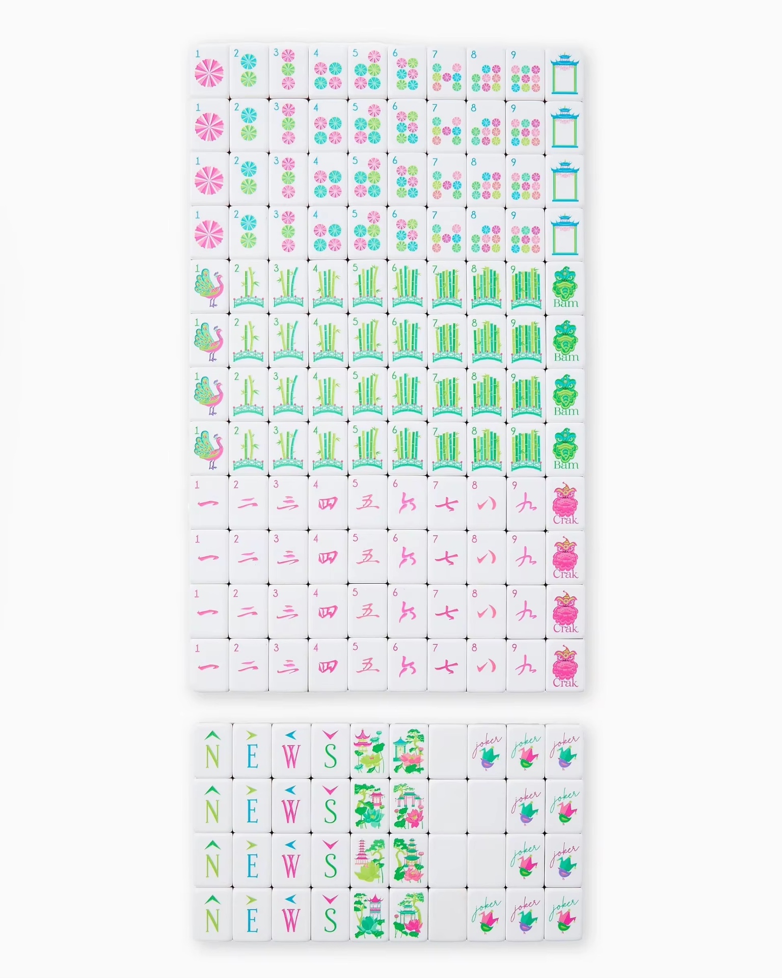 All tiles in the Tortoise & Magenta American mahjong set