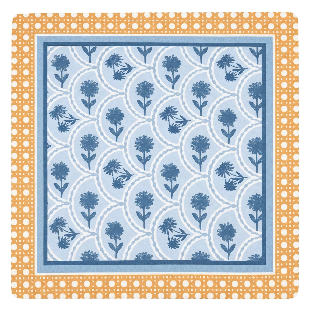Blue Bloom Rattan mahjong play mat